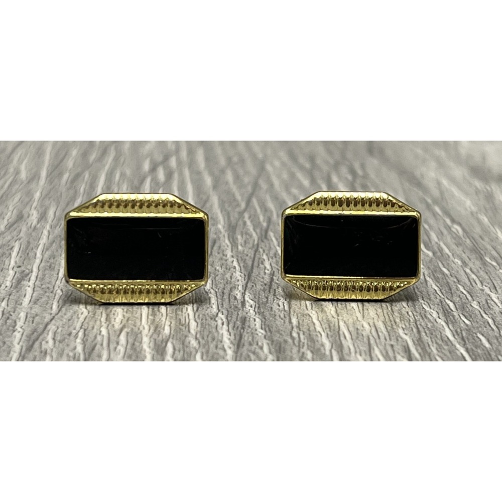 Classic Gold Tone Cufflinks with Black Enamel Inlay - Octagonal Rectangle Shape